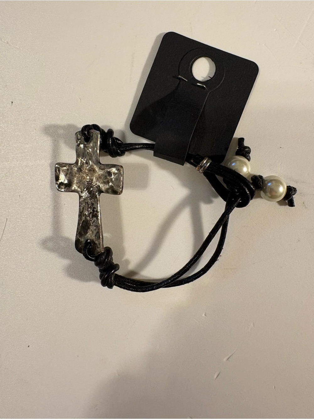 Black Cord Bracelet with Silver-Tone Cross and Pearl Accents